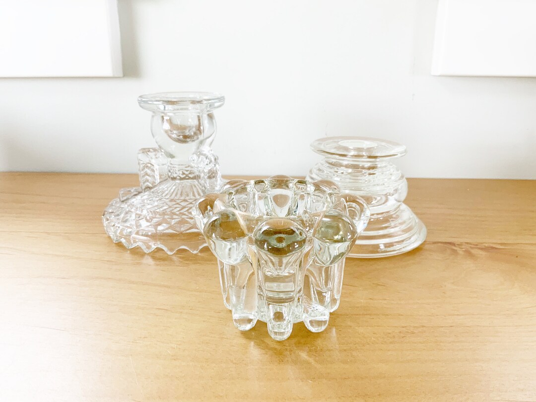 Vintage Clear Glass Candle Holders, Set of Three Etsy