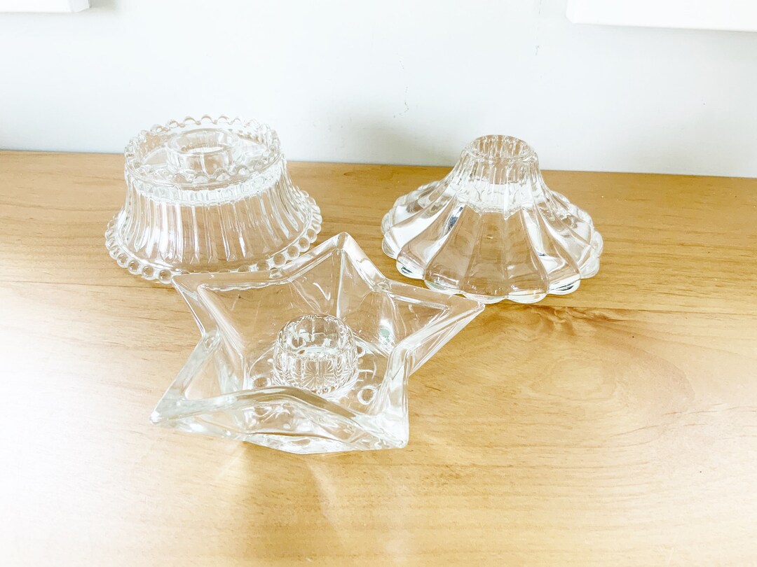 Vintage Clear Glass Candle Holders, Set of Three Etsy