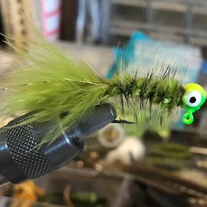 Marabou Jigs,  Olive with Chartreuse Head Fuzzy Buggers (3), Walleye, Crappie, Bluegill, Bass