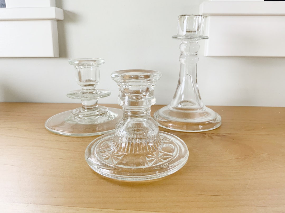 Vintage Clear Glass Candle Holders, Set of Three Etsy