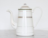 French vintage enamel cafetiere in white with gold detail