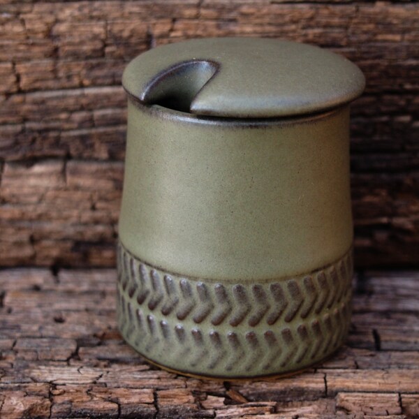 Vintage Denby Pottery Mustard Jar with Lid - Camelot Dark Green - Chevron/ Herringbone Pattern - 1960's to 1990's