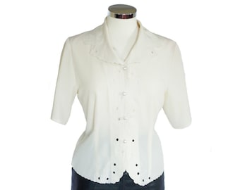 Vintage 80s cream blouse with broderie anglaise collar UK 12