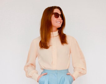 Blusa vintage de melocotón pastel de la década de 1970 Reino Unido 12