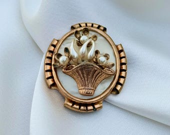 Magnifique Broche Art Déco Années 1930 En Nacre Et Métal Doré - Ancienne - 4,5 Cm