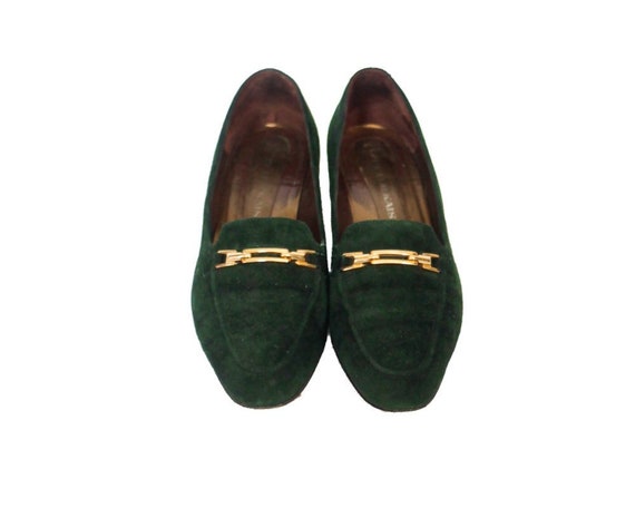 green suede court shoes