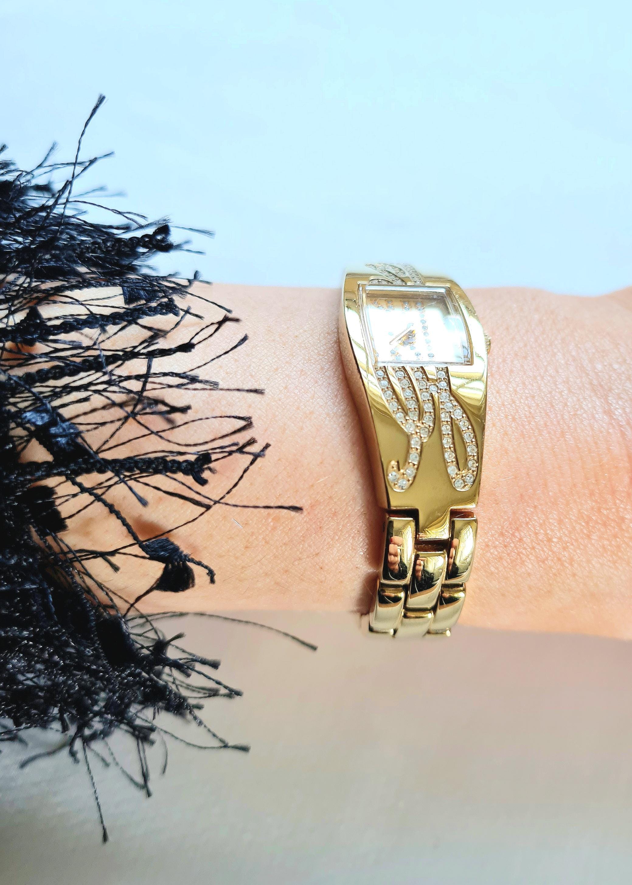 Vintage Y2K 2000s Guess Watch Womens Wristwatch Yellow Dial Gold Preppy Academia Guess Y2K Vintage Crystal Encrusted Gold Ladies Watch /guess  main image 2