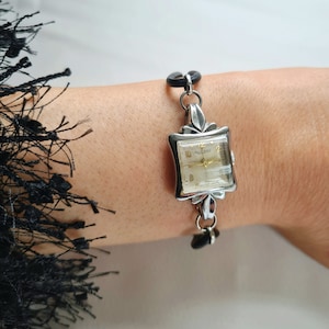 Rare Vintage ROTARY 1940s Silver Chrome Square Bezel Case Ladies watch With Dainty Slim Black Leather Strap By ROTARY  / Art Deco Watch