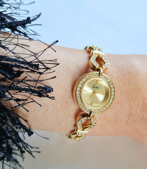 Ladies Vintage Crystal Encrusted Gold Watch by LIMIT Dainty Vintage Gold Watch Quartz Watch Gold Cocktail Watch Etsy