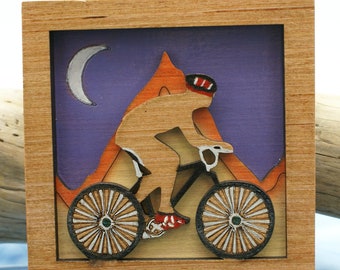 Bike Rider 7.50X7.50 inch Frame in Mountains ,Blue Night Sky ,3D Wood Shadow Box,Handmade and Hand Painted and Air Brush Details Custom