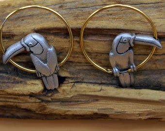 Vintage Rare JJ Jonette Artifact Silver Pewter Toucan Hoop Type Earrings. Valentine Day, Gift for Her