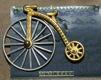 Vintage JJ Jonette Signed Pewter & Gold Tone Penny-Farthing Bicycle Brooch Pin.