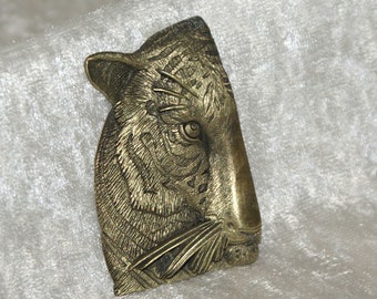 Vintage JJ Jonette Signed Bronze Pewter Half Face Bust of a Tiger Brooch Pin.