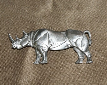 Vintage and Rare Silver Pewter JJ Jonette Signed African Rhinoceros/Rhino Brooch/Pin.