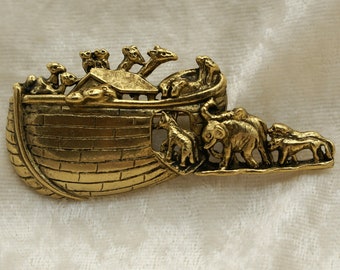 This is a Vintage Sweet and Adorable Gold Tone Pewter Noah's Ark Larger Brooch/Pin. Great Kids Gift,Play Jewellery