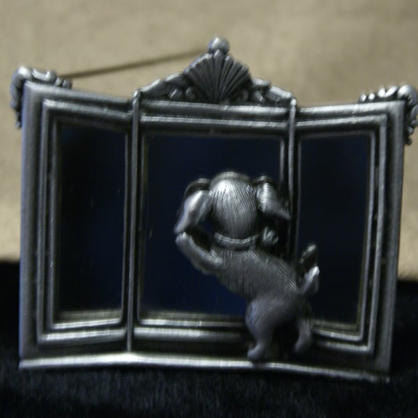 Vintage JJ Jonette Adorable Little Puppy Looking at Himself in the Mirror  Brooch-Pin .