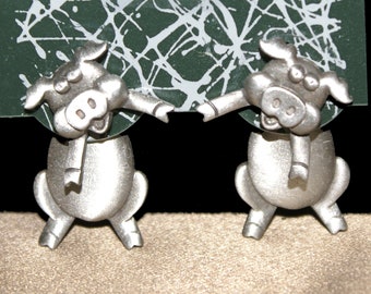 Vintage JJ Jonette Artifacts Silver Pewter Little Pig Front and Back Stud Post Earrings. Great Kids Gift