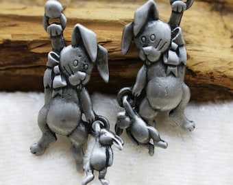 Vintage JJ Jonette Artifacts Pewter Little Baby Bunny-Rabbits Holding it's Teddy Bear Post Type Earrings also ONE in Bronze. Great Kids Gift