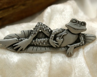 Vintage HTF JJ Jonette Artifact Pewter Cool Mr.Frog laying on a Lilly Pad with his Favorite Drink in his Hand  Brooch-Pin .