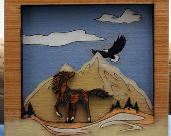 Mountains with Snow Cap Peaks of Wild Stallion and Eagle,3D Laser Cut Shadow Box, Handmade and Hand Painted Custom Created Scene