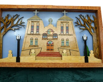 Hand crafted 3D of the Basilica of San Albino of Mesilla NM ,3D Laser Cut,Wood Shadow Box Handmade and Hand Painted ,Air Brush Created Scene