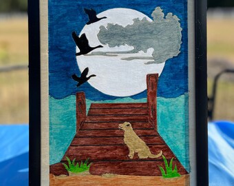 Your loyal companion waiting for your return, This 12X10 inch Handcrafted and Hand Painted,3mm Baltic Birch Plywood, Handmade, painted Scene