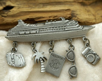 Vintage & Rare JJ Jonette Artifacts "SS JJ Cruise Liner Ship" in Silver Pewter with 5 Dangling Charms Pin/Brooch. Great Mothers Day Gift