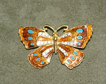 Vintage Gold Plated and Enamel Painted Butterfly Brooch with 24 White Crystals.