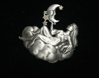 Vintage Lady & The Moon By JJ Jonette Pewter Pin Brooch