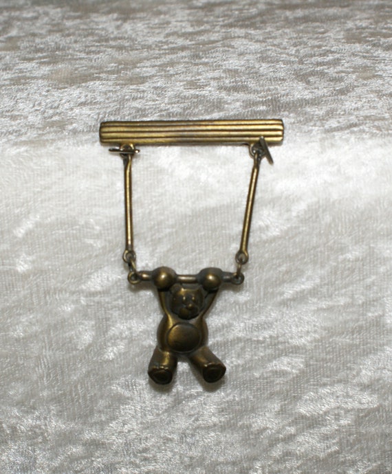 Vintage JJ Jonette Bronze Bear on his Swinging Tr… - image 2