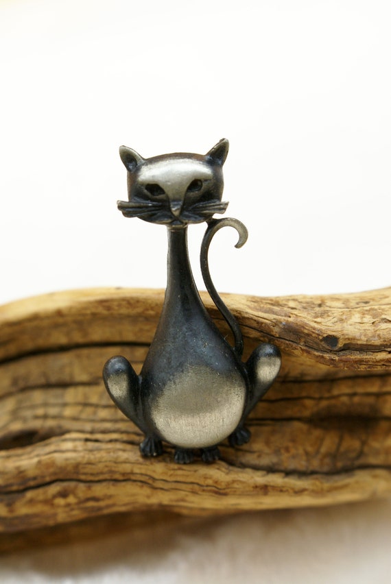 Vintage Black and Silver Pewter Cat Sitting On Her