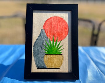 Modern shape picture of 6.50X4.50 inch Moon,Plant ,Vase ,Wood Handmade and Hand Painted ,Air Brush Created Scene