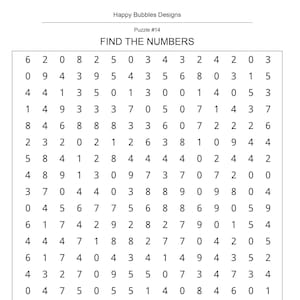 40 Number Search Puzzles, Printable Puzzles, Large Print, Instant Download