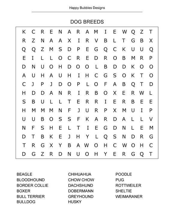Dog Breeds Word Search Puzzle in Large Print Etsy