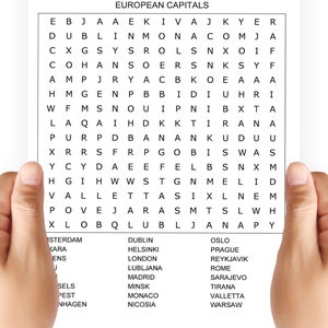 Puzzle de recherche de mots sur les capitales européennes en gros caractères