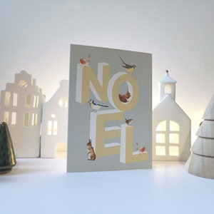 Carte de Noël, carte de voeux double, illustration lettre Noël et petits animaux