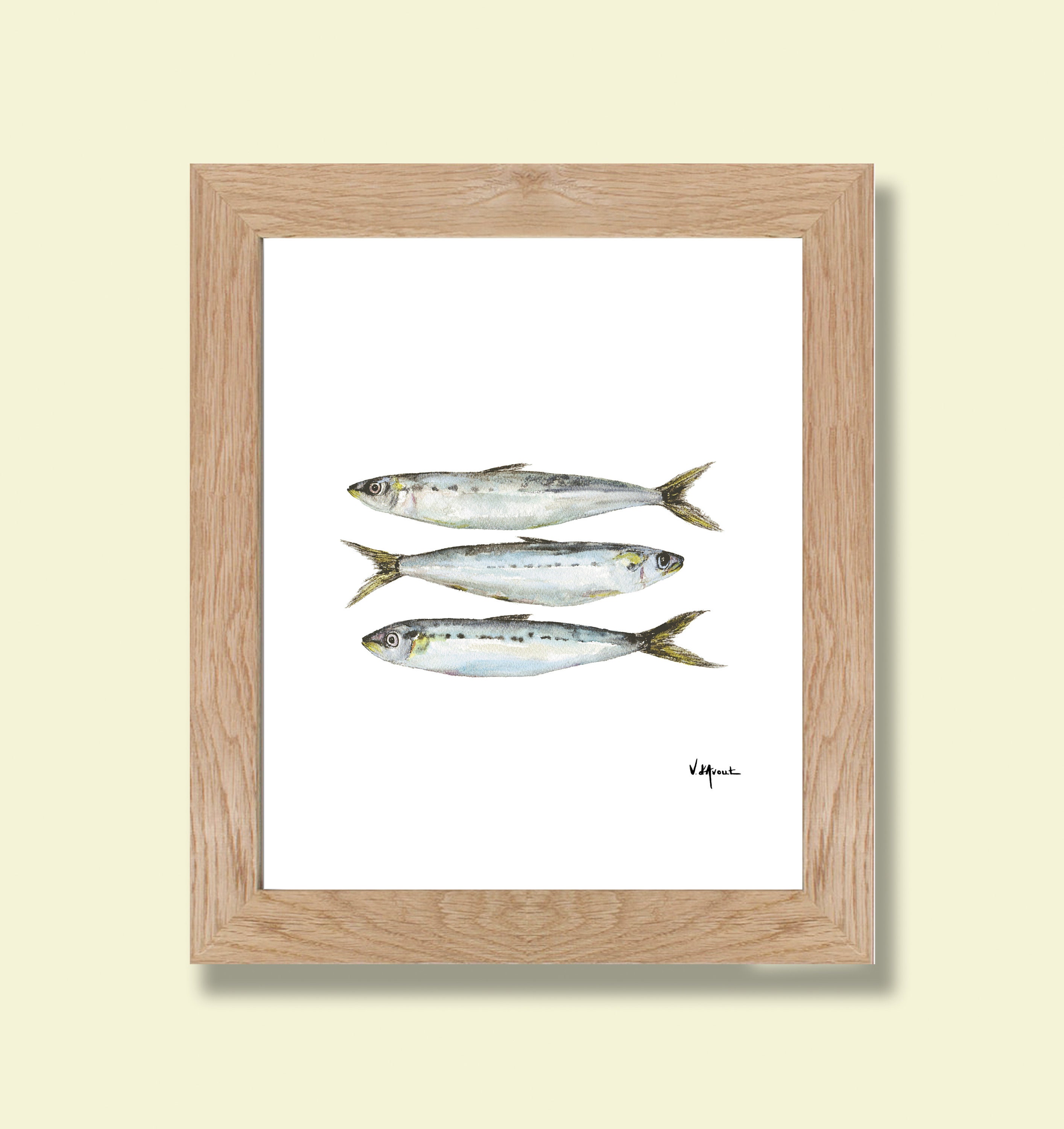 Aquarelle Sardines, Impression, Peinture, Art Print, Dessin Poisson, Sardine, Bord de Mer, Plage, Ét