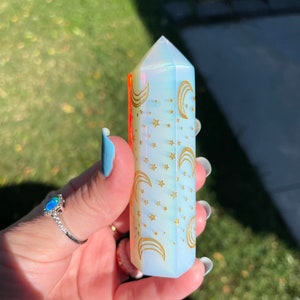 Opalite tower, gemstone towers, gemstone points, crystals, natural crystals, healing crystals, boho fashion, accessories, yoga, moons, stars