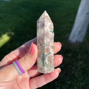 May include: A clear quartz crystal point with a unique, natural, dendritic pattern in shades of brown, white, and green. The crystal is approximately 2 inches long.