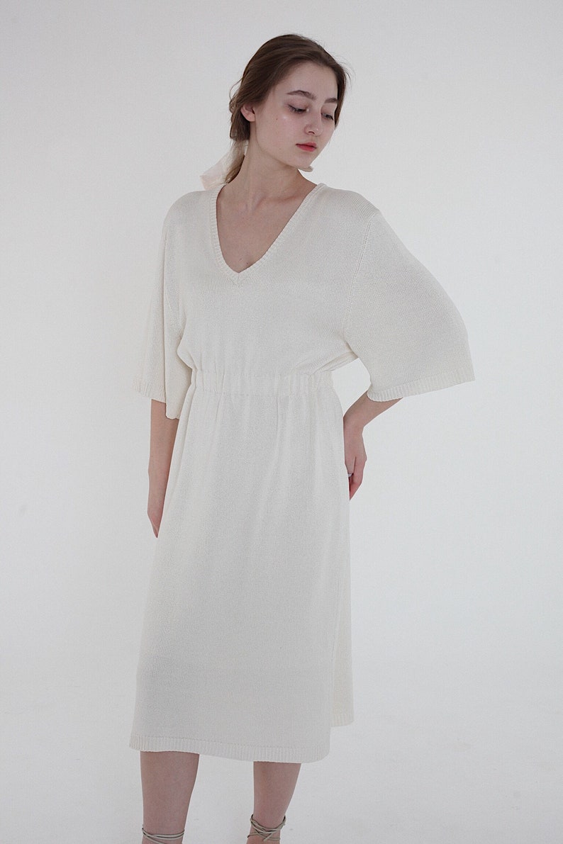 White V-neck Midi DressWhite Silk Knitted V-neck Dress