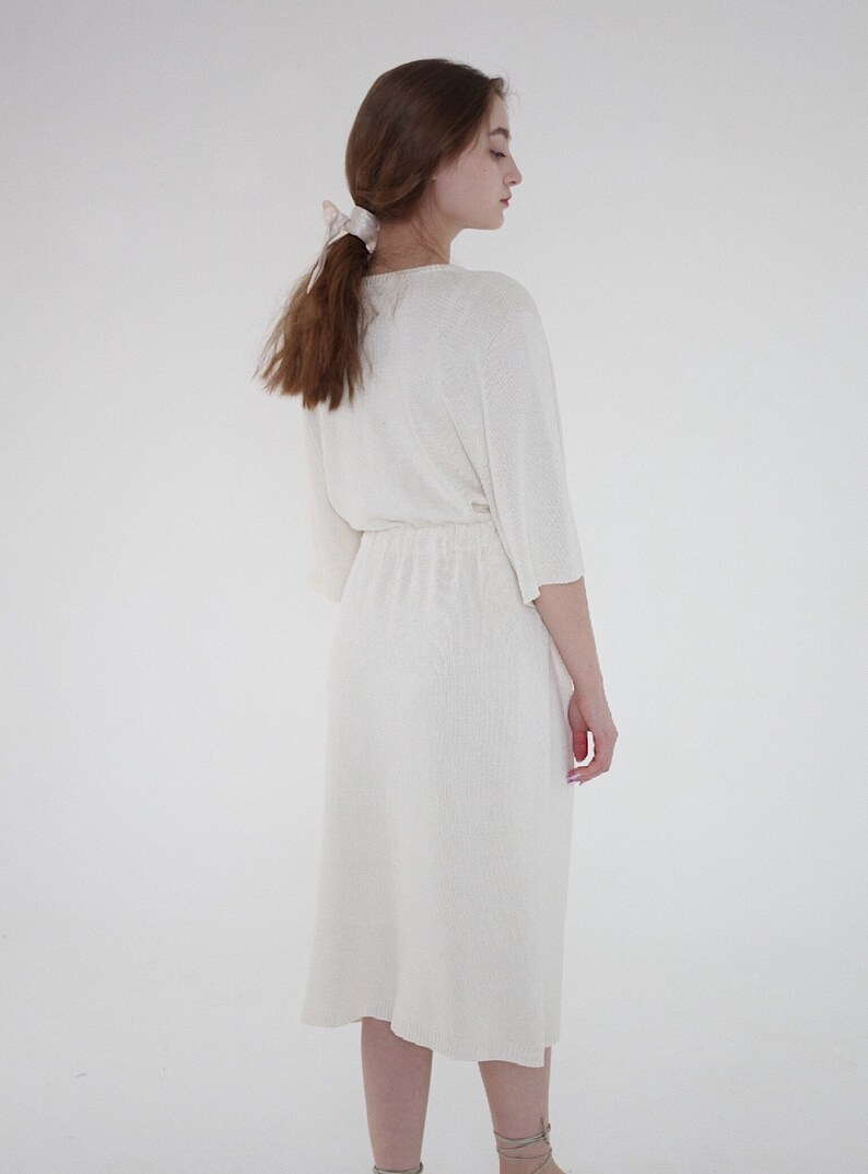 White V-neck Midi DressWhite Silk Knitted V-neck Dress