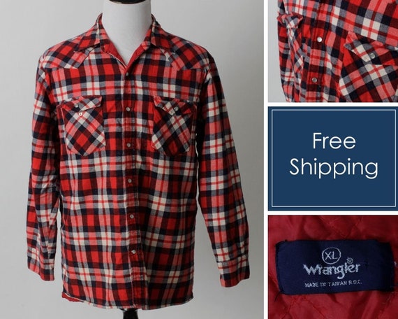 Vintage 80s Plaid Wrangler Shirt Western Large Vintage Plaid Cowboy Made in USA
