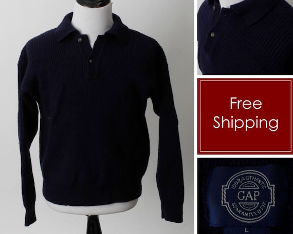 Vintage 80s Wool Gap Sweater Men's Navy Blue Ribb… - image 1