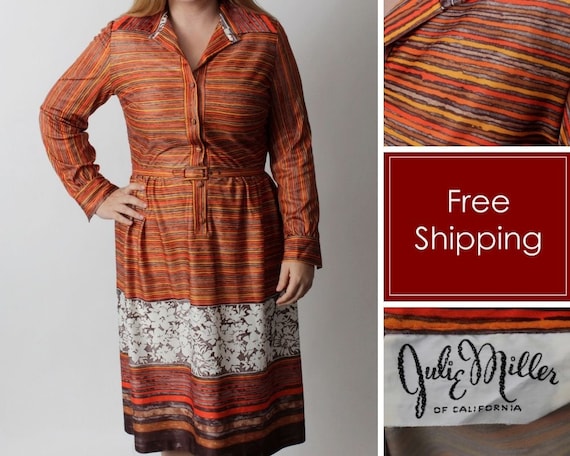 Vintage 70's Dress Women's Orange Stripe Long Sle… - image 1