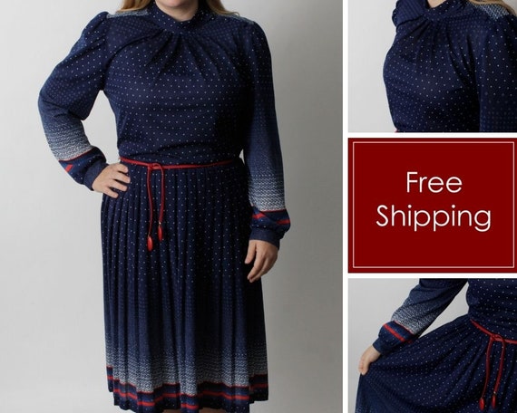 Vintage 70's Dress Women's Blue Red White Polka D… - image 1