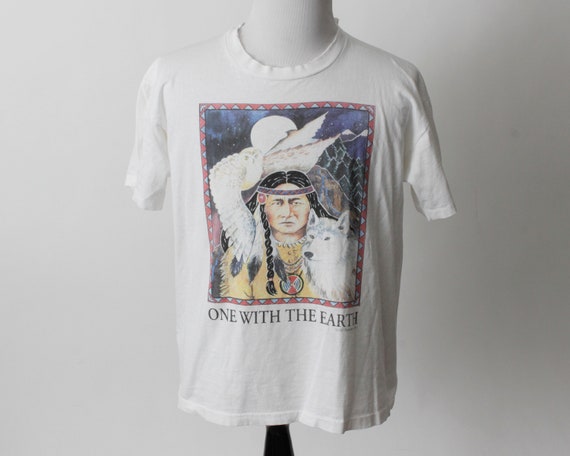 Vintage 90s Native American T Shirt Tee Wolf One With Earth Humani