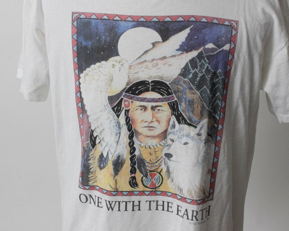 Vintage 90s Native American T Shirt Tee Wolf One With Earth Humani