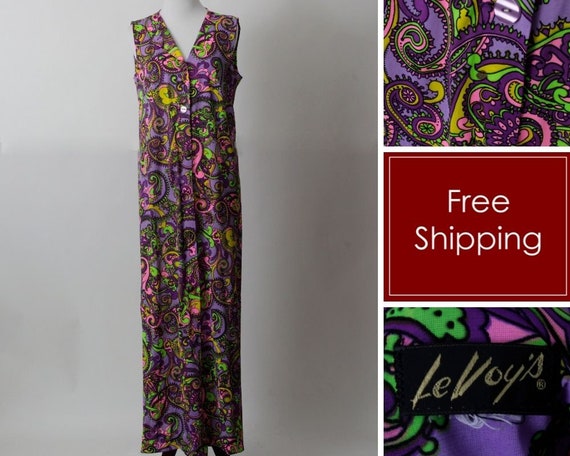 Vintage 80's Dress Women's Paisley Neon 60's Vibe… - image 1