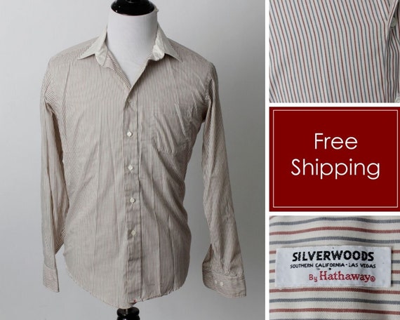 Vintage 70s Hathaway Shirt Dress Men's Stripe Lon… - image 1