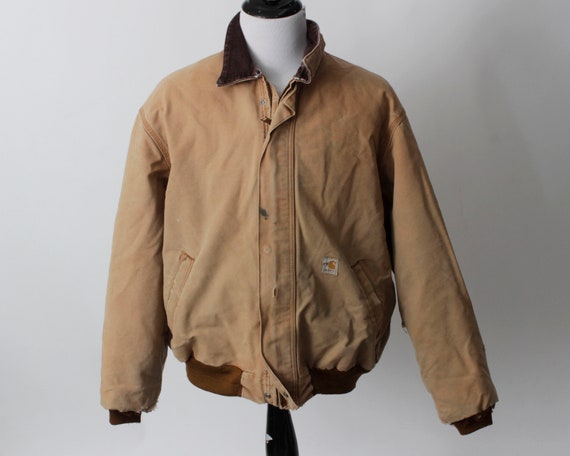 Vintage 90s Carhartt Jacket Distressed Work Chore Men's Beige Tan